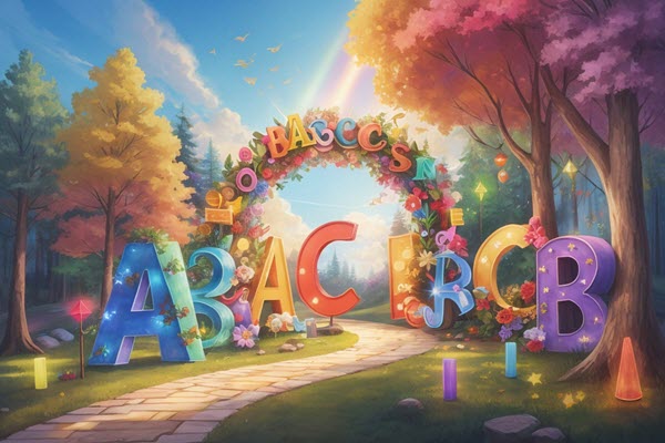 A picturesque forest path adorned with oversized, colorful 3D letters represents the enchanting journey of learning letter recognition, blending the magic of nature with the alphabet.