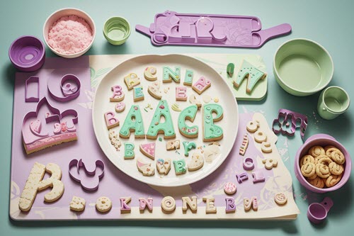 Alphabet cookie cutters on a kitchen table, spelling a child's name, turning baking into a fun literacy activity.