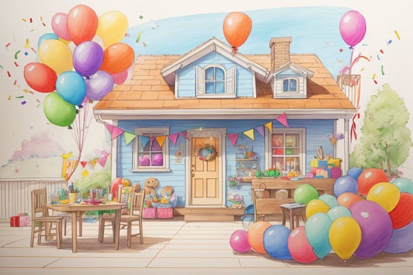 A warm, inviting home setting celebrates the joy of learning with colorful banners, alphabet-shaped balloons, and a playful assortment of letter recognition activities like puzzles and flashcards, embodying the fun-filled adventure of discovering the alphabet.