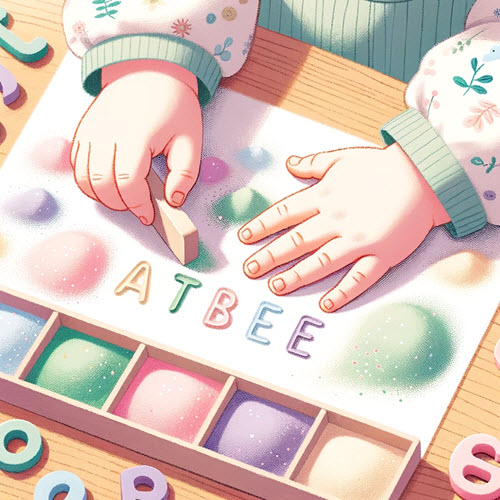 Child engaging in a tactile letter recognition activity, surrounded by playful alphabet toys, embarking on a literacy journey.