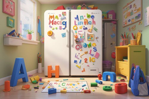 Colorful alphabet magnets on a refrigerator door, a practical tool for early literacy engagement.