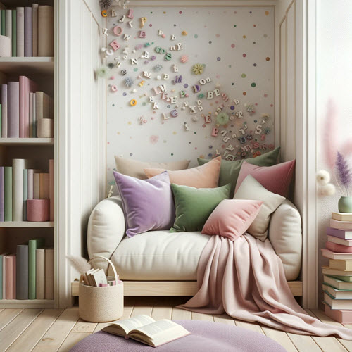 Cozy reading nook with pastel colors, inviting young readers to explore sight words through reading.