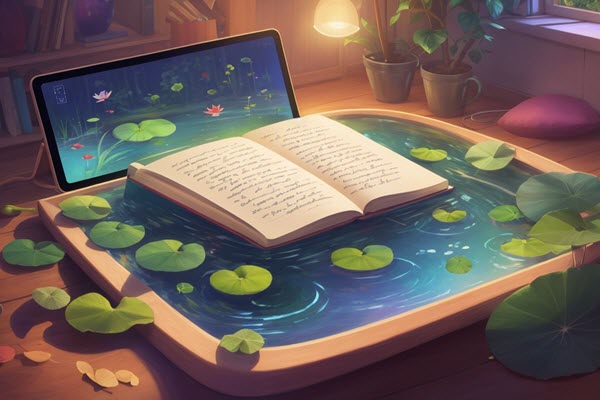 A cozy reading corner brightened by a digital tablet showcasing an interactive letter recognition app, where playful letters leap on lilypads across a gentle stream, symbolizing the merge of modern technology with foundational literacy skills.