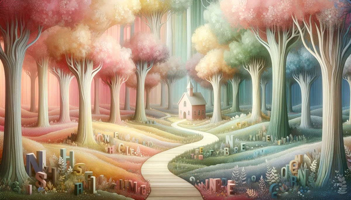 How to help kindergarteners learn sight words featured image of a whimsical forest scene illustrating the magical journey of learning the letters in your name, leading to a quaint school for further exploration.