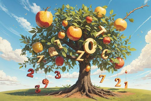 A whimsical tree of learning bearing fruits of letter-number pairs, illustrating the natural blend of literacy and numeracy.