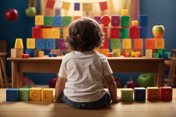 Child engaging with alphabet blocks and matching them to corresponding pictures, showcasing the blend of visual and auditory learning in Letter-Sound Correspondence, a key step in early reading skills.