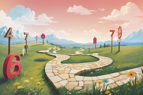 A scenic learning path marked with milestones of letter-number pairs, guiding young minds on an educational adventure.