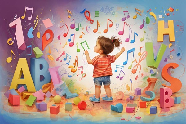 Child surrounded by colorful musical notes and letters, illustrating the playful exploration of sounds in Phonemic Awareness, crucial for early literacy development.
