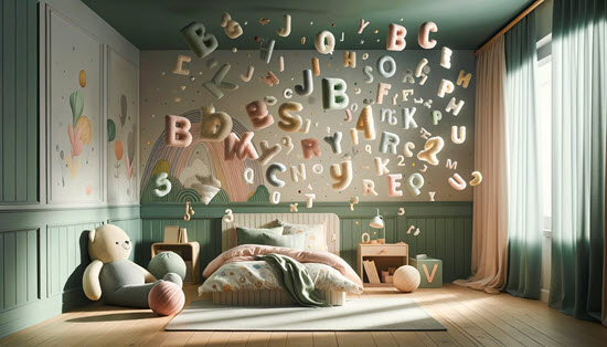 Child's bedroom transformed into a magical alphabet wonderland, with murals and floating plush letters, creating an inviting and imaginative space for literacy development.