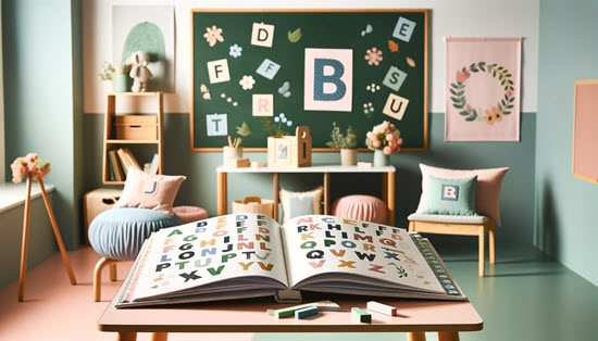 Playful and educational classroom scene with an oversized alphabet book, decorated with alphabet-themed cushions and posters, reflecting a child-friendly literacy environment.