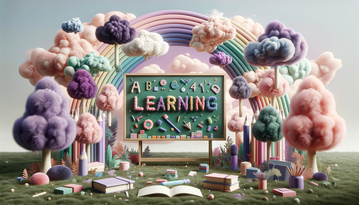 Learning the alphabet and sounds featured image of an outdoor classroom setting in soft pastel tones featuring a chalkboard with colorful letters, fluffy cloud-like trees, and educational props, inviting exploration and discovery in a natural setting.