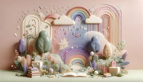 A pastel-hued landscape depicting a dreamy educational setting with floating alphabets, serene rainbow arches, and whimsical trees, evoking a sense of learning through play.