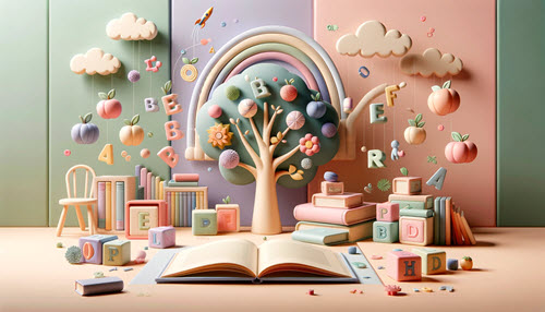 A creative indoor scene with pastel-colored alphabet blocks, books with letters rising like balloons, and a stylized tree adorned with letters, fostering a cheerful atmosphere for learning.