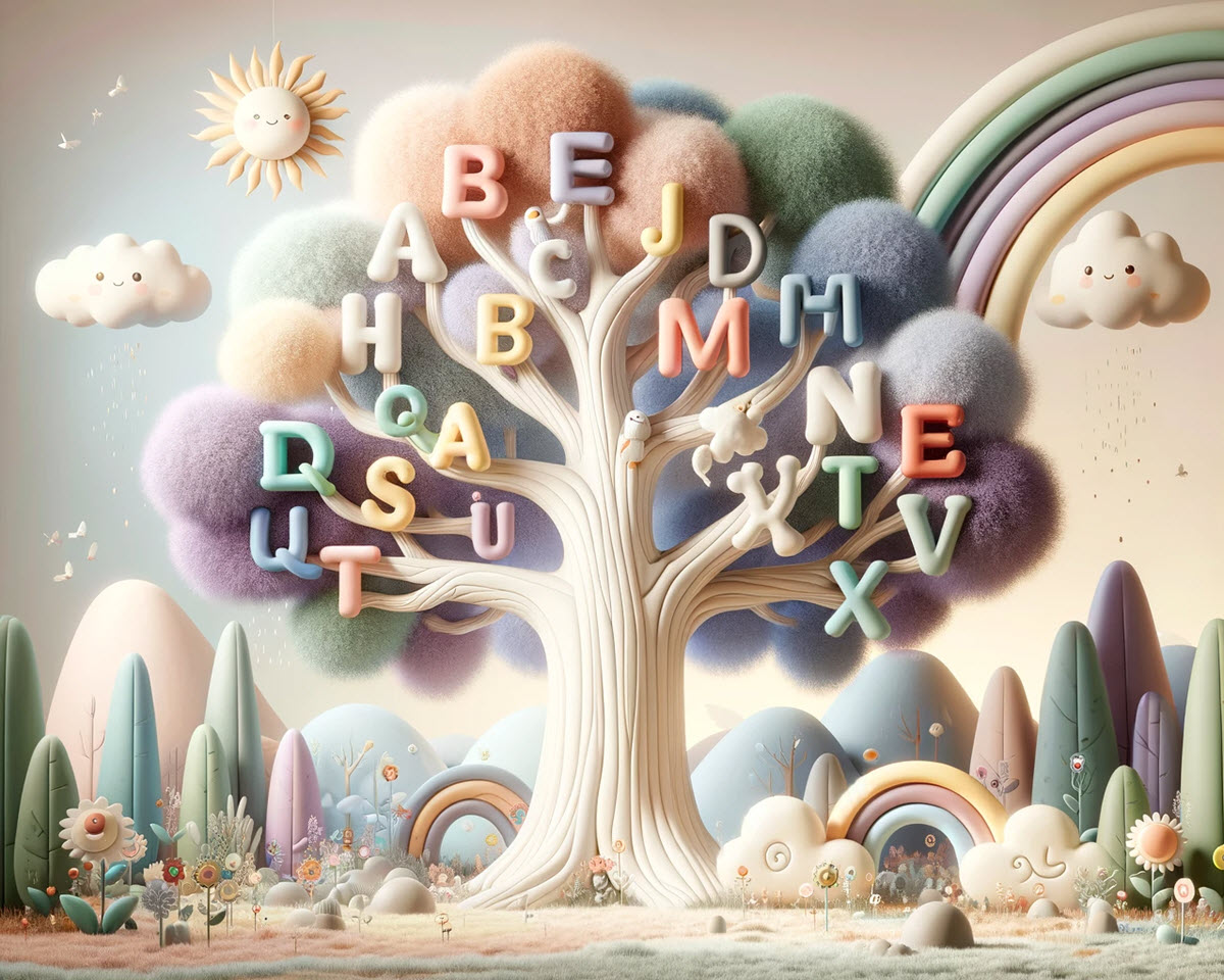 The importance of learning the alphabet featured image of an alphabet tree in a serene, pastel-colored landscape with playful elements like rainbows and happy animals, symbolizing a nurturing environment for childhood literacy.