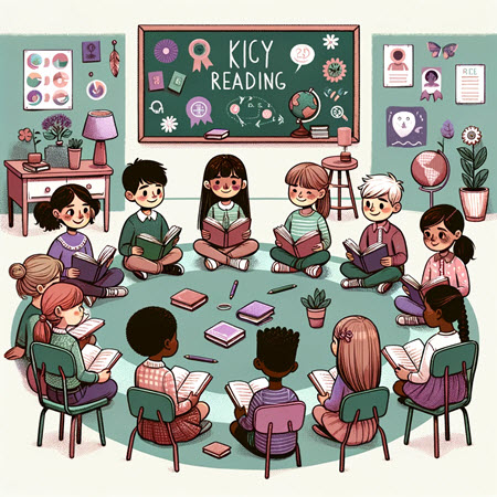 An engaging classroom scene with a diverse group of children reading, surrounded by educational posters and a blackboard showcasing key reading strategies, highlighting the theme of overcoming reading proficiency challenges.