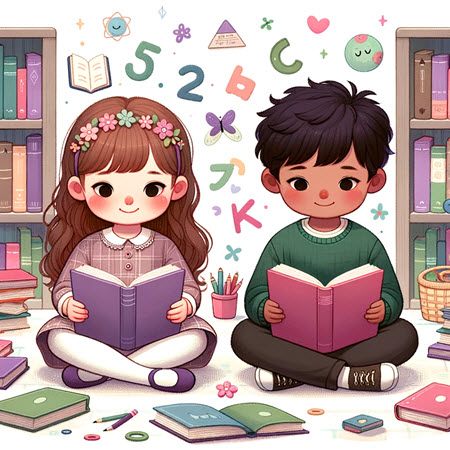 A delightful illustration of a young girl and boy from different descents, engaged in reading in a cozy library corner surrounded by letters and numbers, reflecting the learning process and skilled reading.