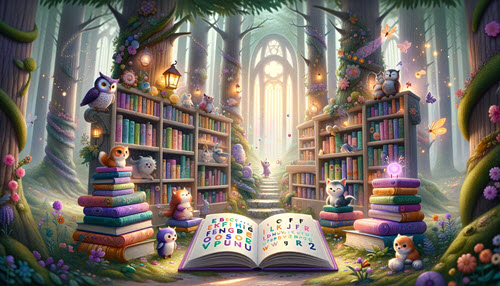Image depicting a magical forest library with shelves of colorful books and animal characters like an owl, a squirrel, and a kitten interacting with phonetic sounds and letters