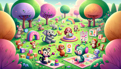 vibrant park with animal characters engaged in activities like playing listening games, learning mouth shapes for sound reproduction, and integrating actions with sounds
