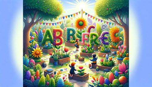 Children exploring a vibrant garden with plants shaped like alphabet letters, highlighting playful ways to learn about reading.