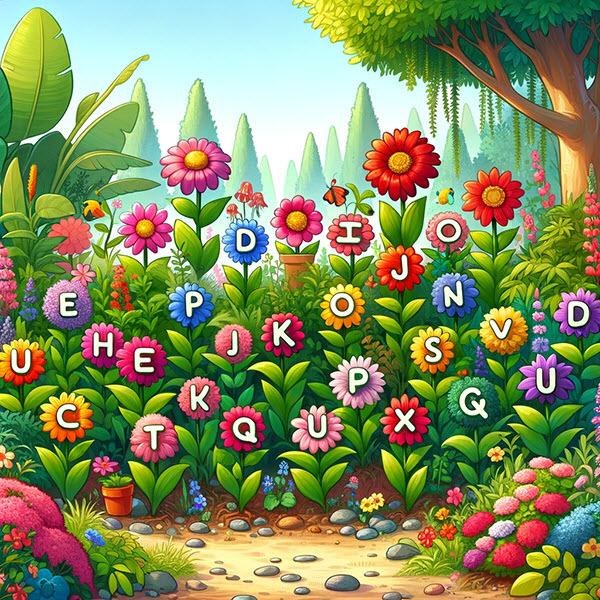 Vibrant garden scene with alphabet letter flowers, illustrating an engaging outdoor learning environment for children to discover letters and sounds.