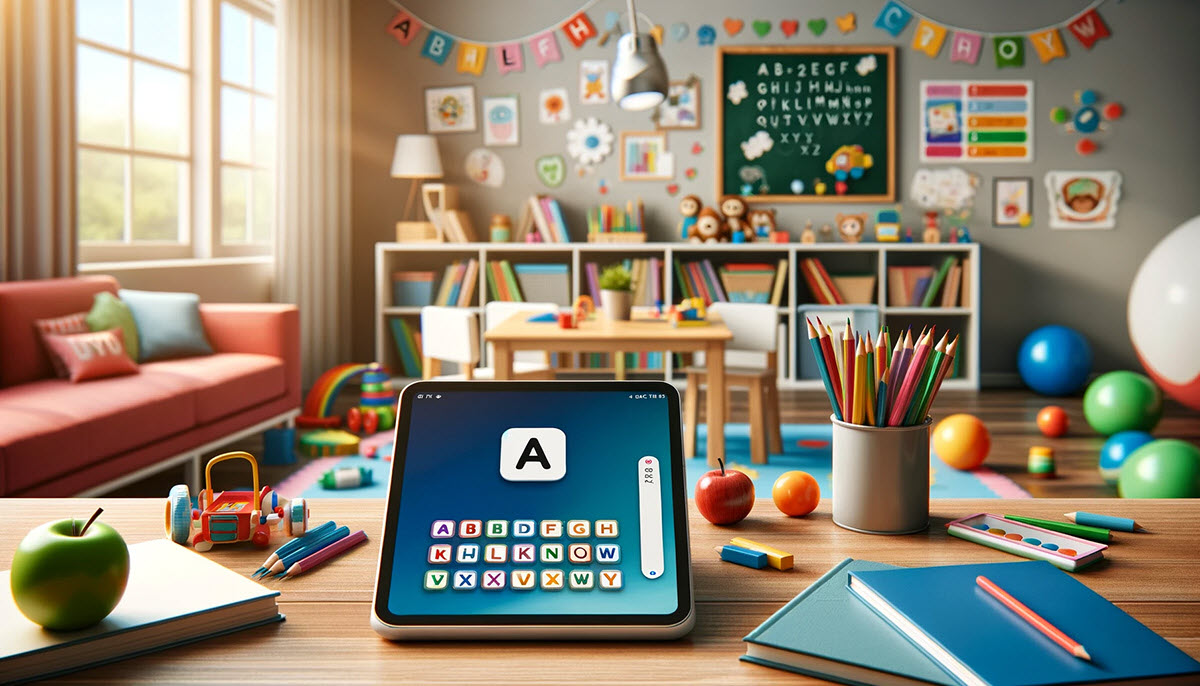 Modern classroom with digital tablet displaying the best app for learning the alphabet, surrounded by books, educational toys, and alphabet decorations, illustrating the integration of traditional and digital learning.