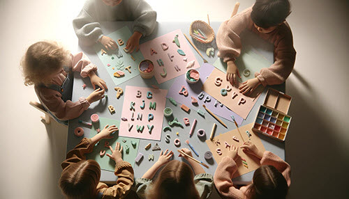 Group of children engaging in hands-on alphabet crafts with clay and paper in a classroom