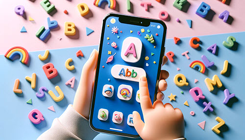 Close-up of a child's hand interacting with a colorful alphabet learning app on a smartphone.