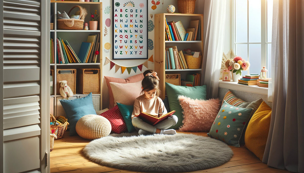 A cozy reading nook in a child's room with plush pillows and a variety of colorful books, illustrating how to help students with reading comprehension.