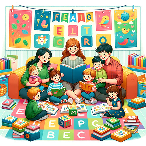 Children and parents engaged in a lively reading session, surrounded by books and alphabet blocks, showcasing interactive reading strategies.