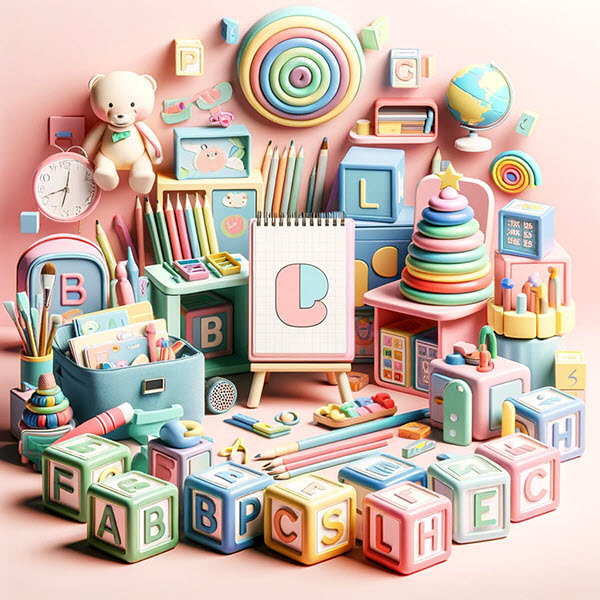 Playful learning environment with pastel alphabet blocks and educational toys, designed to enhance early literacy and phonics learning.