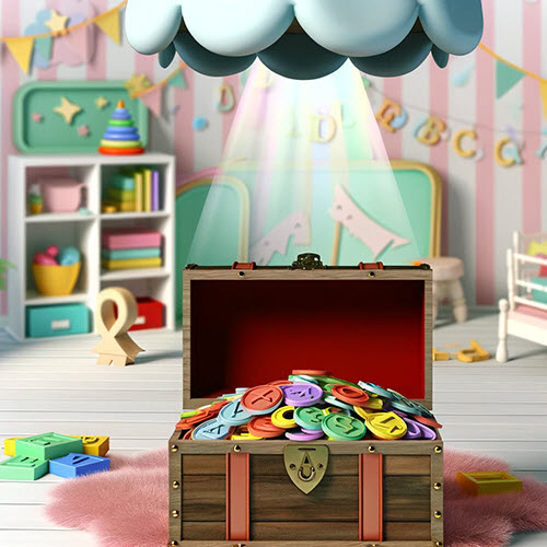 A treasure chest overflowing with colorful letter coins and alphabet blocks in a whimsical room, symbolizing the joy of learning to read.