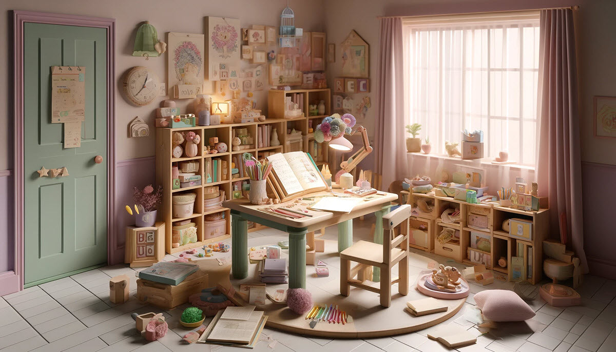 study area designed to aid a child struggling with reading and writing. The scene includes a desk with open books, colorful writing tools, and paper, alongside interactive aids like letter blocks and a chalkboard.