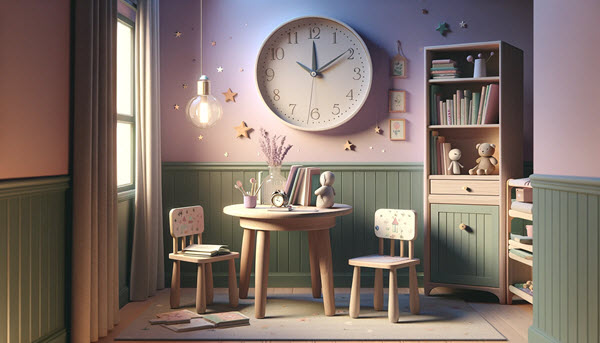 An orderly reading setup in a child's room designed to foster a consistent reading routine. The setup includes a small wooden table and chairs, with a clock hanging above to mark the importance of timing. Books are neatly arranged on the table, under the glow of a cozy lantern
