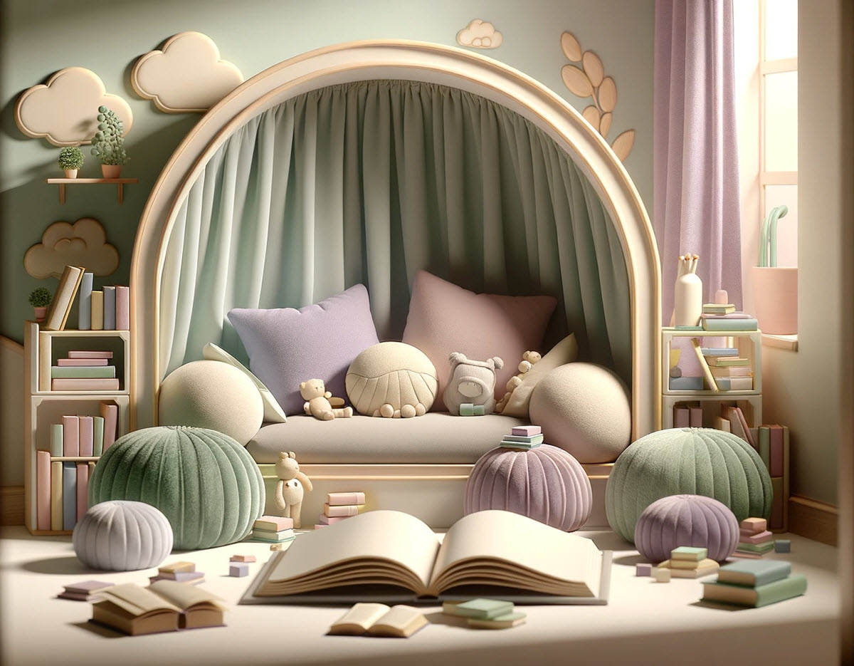 A tranquil reading nook in a child's room, designed to illustrate how to help a child struggling with reading. The nook is filled with soft oversized cushions in lavender, mint green, and cream, with scattered books and a prominent open storybook.