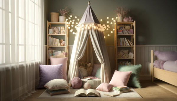 A child's magical reading nook, designed as a dedicated space to foster love for reading. The nook features a cozy tent made of fabric, surrounded by plush pillows and stacks of books, illuminated by soft fairy lights.