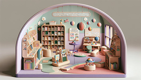 A classroom, designed to represent intensive reading interventions for struggling readers. The classroom features a colorful bookshelf filled with educational books, interactive reading stations, and sensory aids such as textured letters and sound buttons.