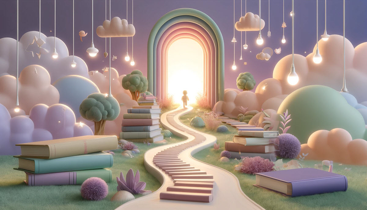 A child's metaphorical reading journey as a path lined with books, leading towards a glowing archway. The scene is designed to visually represent progress and success in reading for those wondering "do struggling readers catch up.