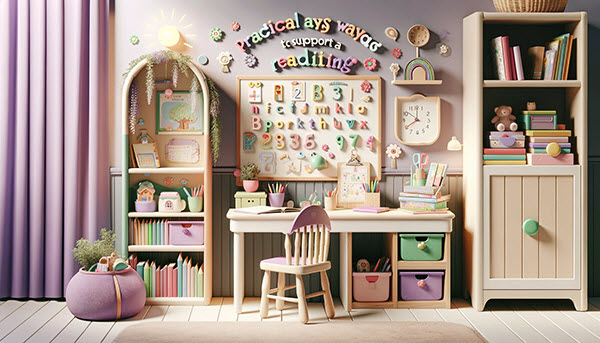 at-home learning environment designed to support a child's reading and writing skills. The scene includes a small desk equipped with vibrant, child-friendly stationery, a book stand filled with various children’s books, and interactive tools like magnetic letters on a board.