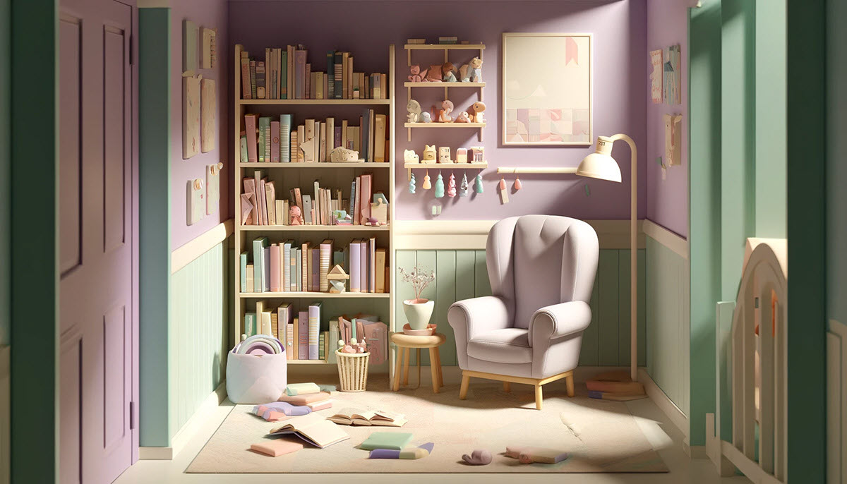 A child's reading corner that appears slightly disorganized with books left untouched on the floor and an empty cozy chair. It visually represents concerns about a child's lack of interest in reading.
