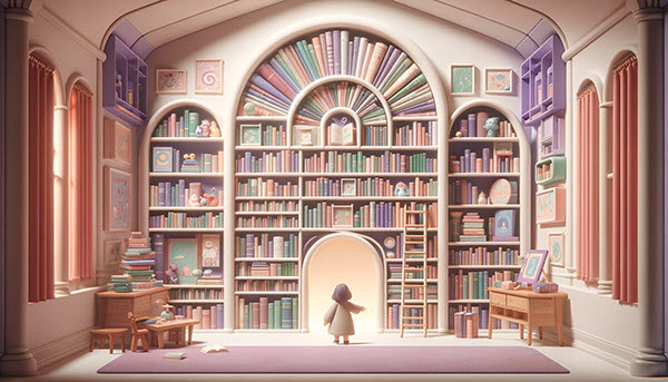 a child's fantasy library with shelves brimming with a variety of books, symbolizing the importance of choosing the right books to boost reading confidence. A small ladder provides accessibility to higher shelves, depicting choice and exploration in a magical setting