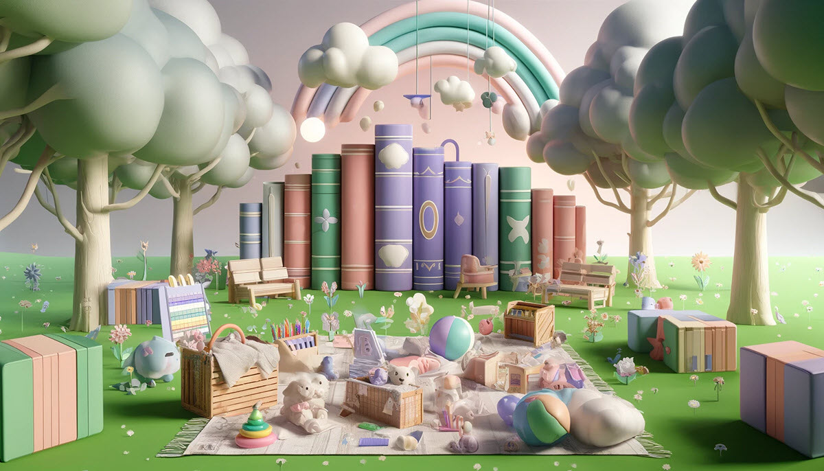 Image illustrating fun ways to help your child read, featuring an outdoor reading picnic designed to inspire children's reading through fun activities. The scene includes a blanket on grass, surrounded by oversized, colorful book props and educational games, set against a storybook-style backdrop with trees and playful clouds.