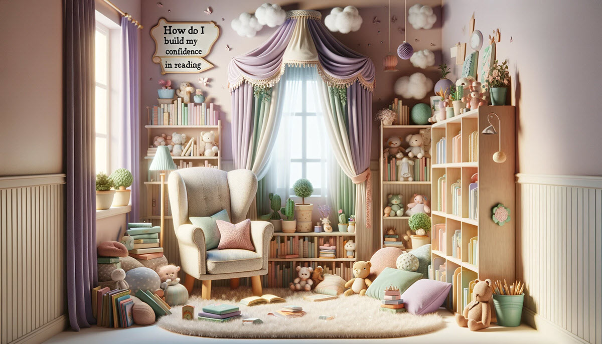 cozy reading corner in a child's room to illustrate how to build a child's confidence in reading. The scene includes a child-sized reading chair, soft cushions, and a bookshelf filled with colorful books. This nurturing environment is designed to inspire and encourage children to read.