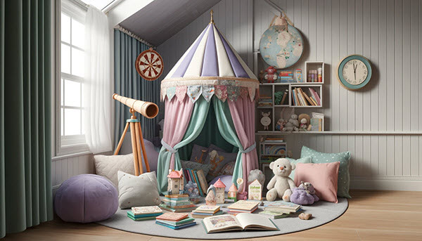 Image of a reading area in a child's room. A fantasy tent houses an array of books and playful props like a pirate's telescope and a wizard's hat, set among soft cushions and plush toys, creating an engaging and imaginative reading space.