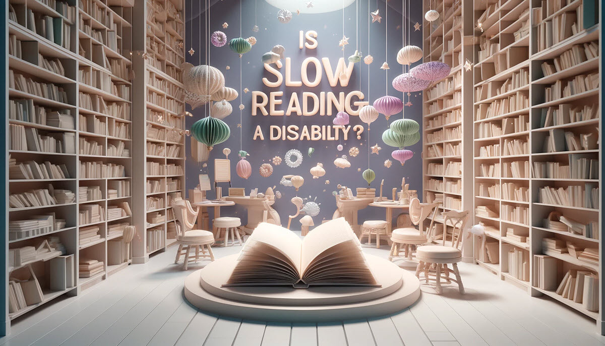 library setting for the concept 'Is Slow Reading a Disability?'. Books float gently around a large open book at a reading station, symbolizing the slow processing of reading information.