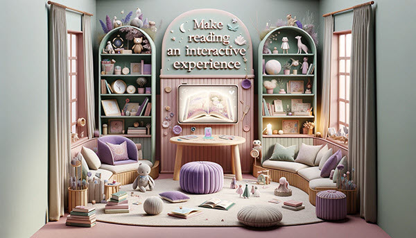 an interactive reading area in a child's room, designed to make reading an engaging experience. The setup includes tactile reading materials and a digital screen displaying a story, surrounded by themed props and plush seating