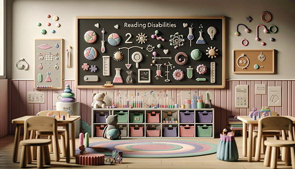 a classroom setting dedicated to understanding reading disabilities. A whimsical chalkboard in the center displays symbols and diagrams explaining various reading disorders, surrounded by educational aids like flashcards and sensory toys.