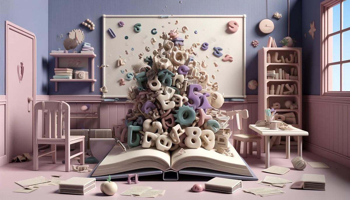 classroom depicting the concept of reading difficulties. The scene includes a large open book on a desk with jumbled and oversized letters, symbolizing one of the warning signs of a reading disability. Surrounding elements include scattered papers and a puzzled-looking toy among haphazardly placed books
